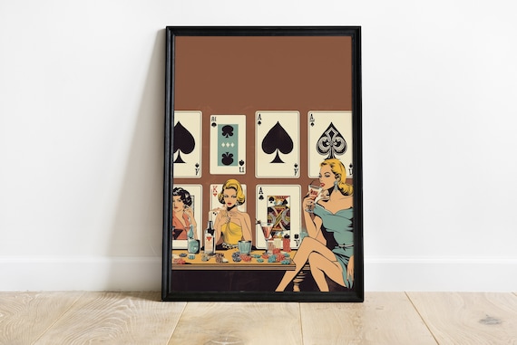 Women Poker Night Cards & Drinks Retro Art Print