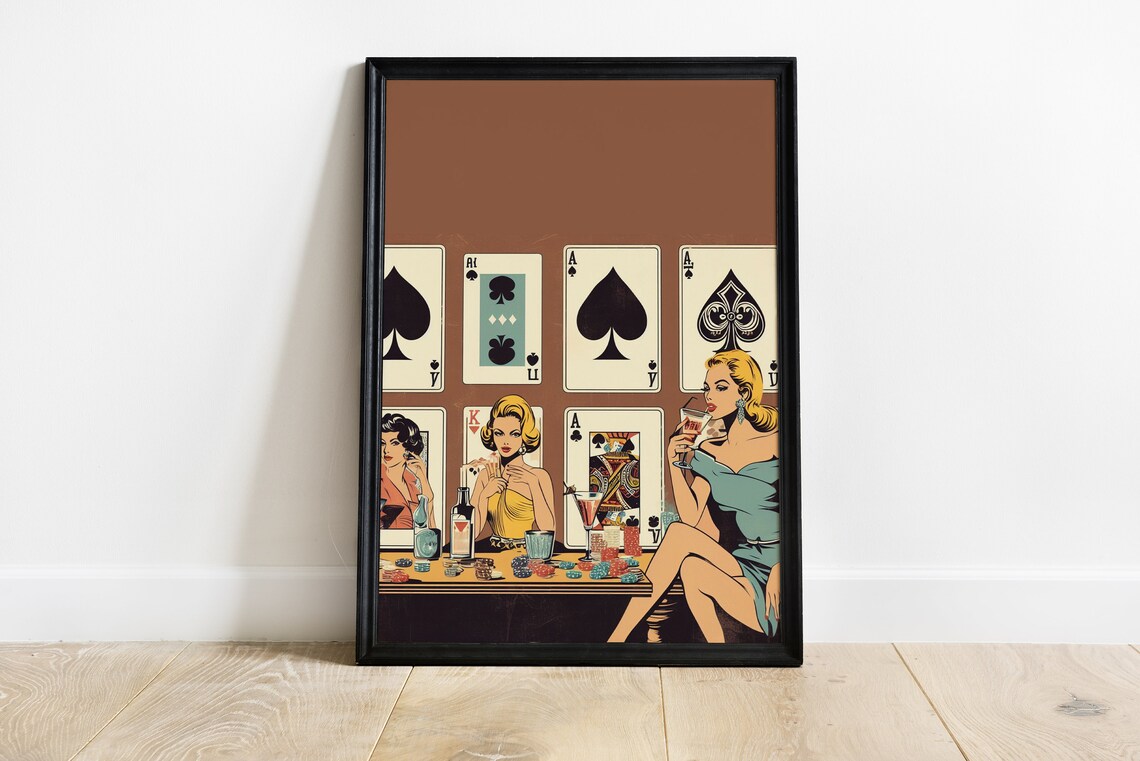 Women Poker Night Cards & Drinks Retro Art Print