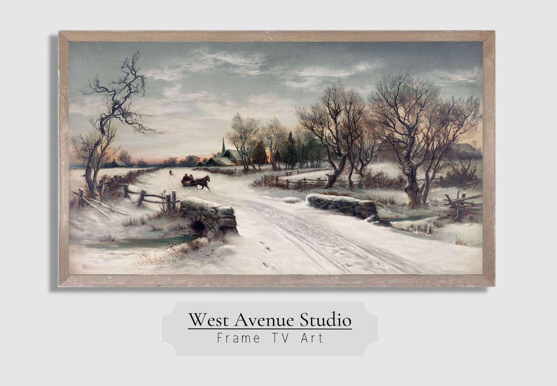 Frame Tv Art Winter Landscape Scene Vintage Winter Painting Horse Drawn Sleigh Ride Farmhouse Decor Instant Tv Art 130