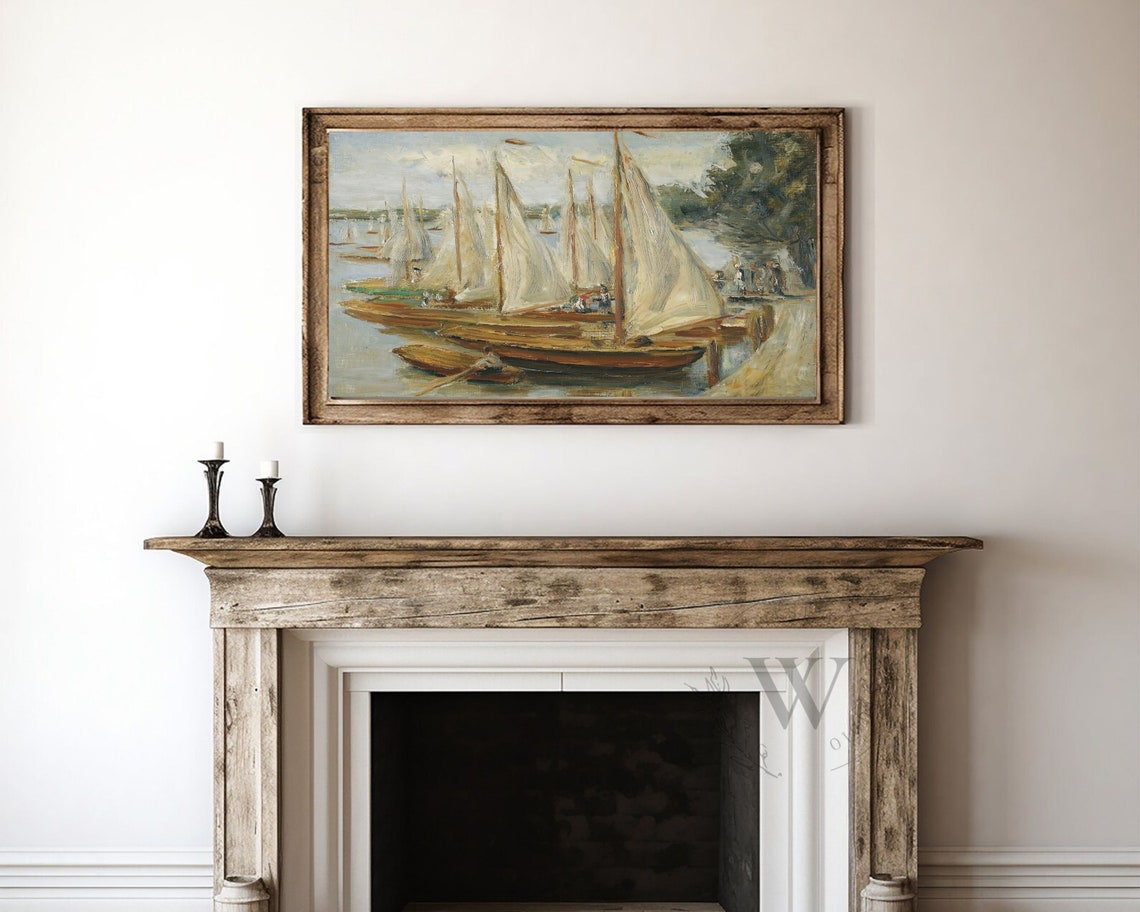 Frame Tv Art Summer Seascape Vintage Oil Painting Nautical Tv Art Summer Boats Summer Tv Art Circa 1893 Instant 296 - Image 4