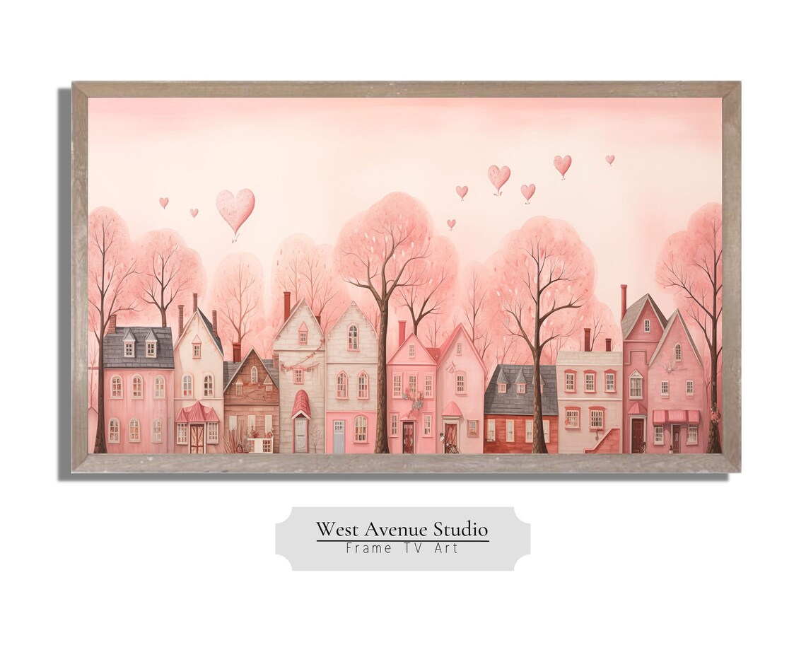 Valentine Heart City Village Pink Neutral Art Print - Image 4