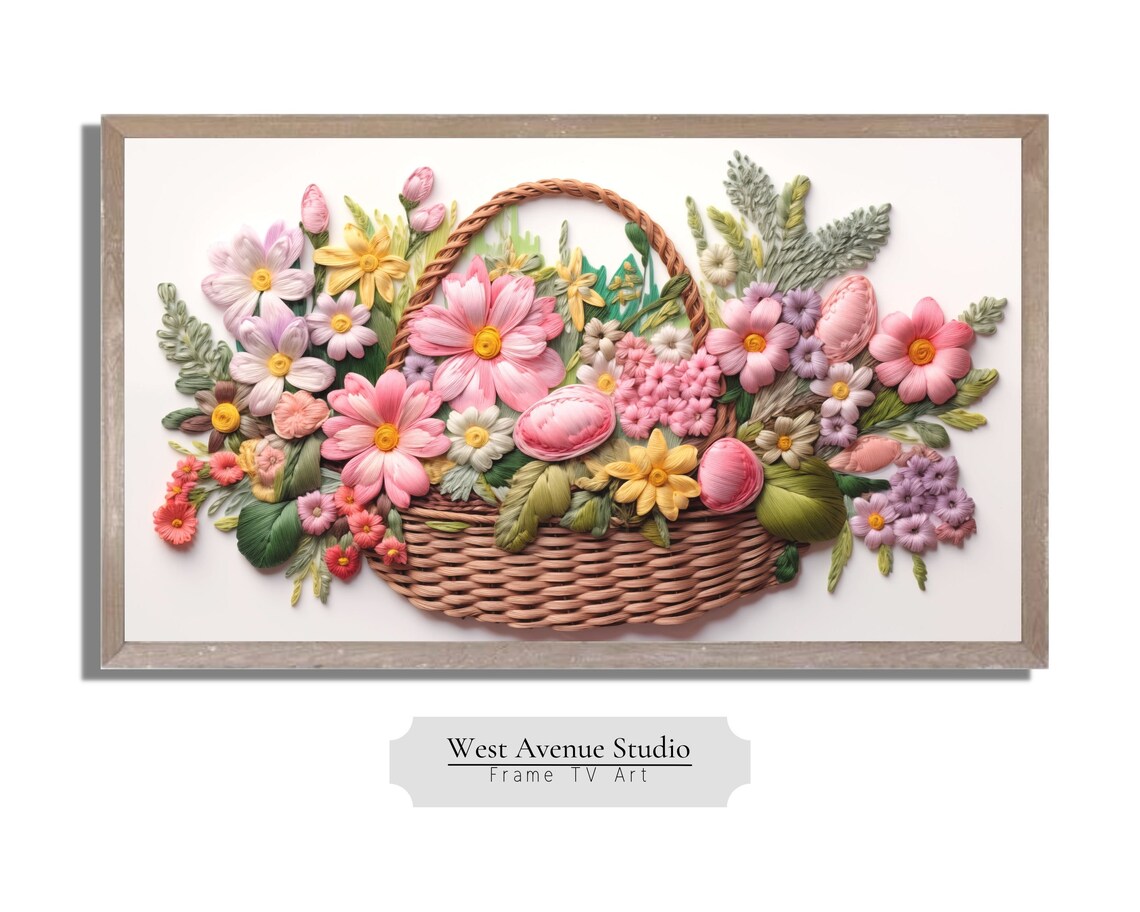 Embroidered Spring Flower Basket Wicker Pastel Botanical Wall Art Poster - Image 3