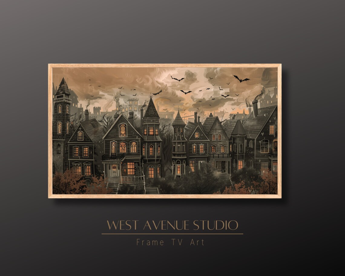 Haunted Victorian Houses At Dusk Bats Glowing Windows Spooky Town Poster