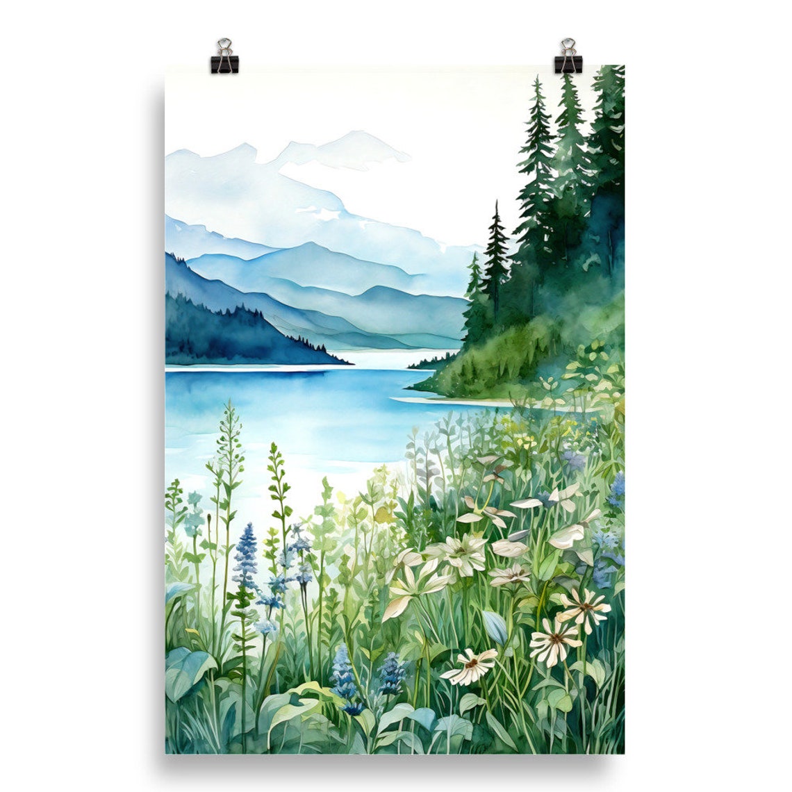 Mountain Lake Watercolor Wildflower Meadow Blue Peaks View Poster - Image 5