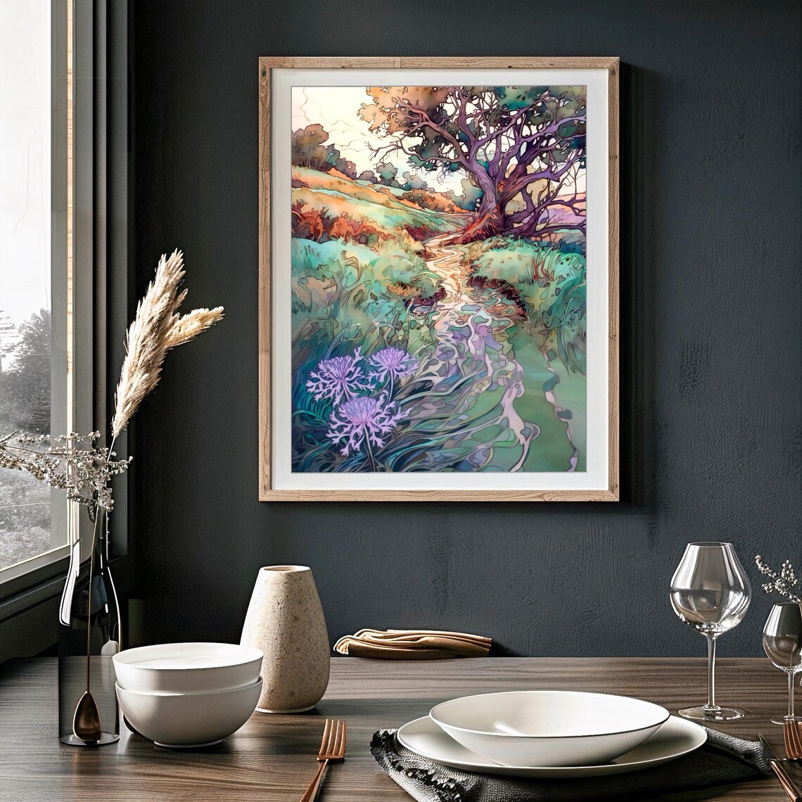 Hillside Stream with Purple Blooms Watercolor Landscape Poster - Image 4