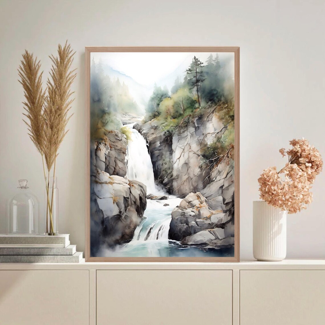 Forest Canyon Waterfall Plunging Into Rocky Pool Watercolor Poster - Image 4