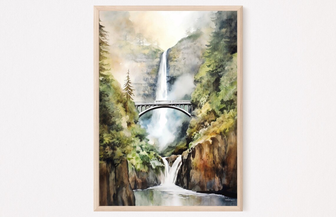 Multnomah Falls Watercolor Art Print, Landscape Decor