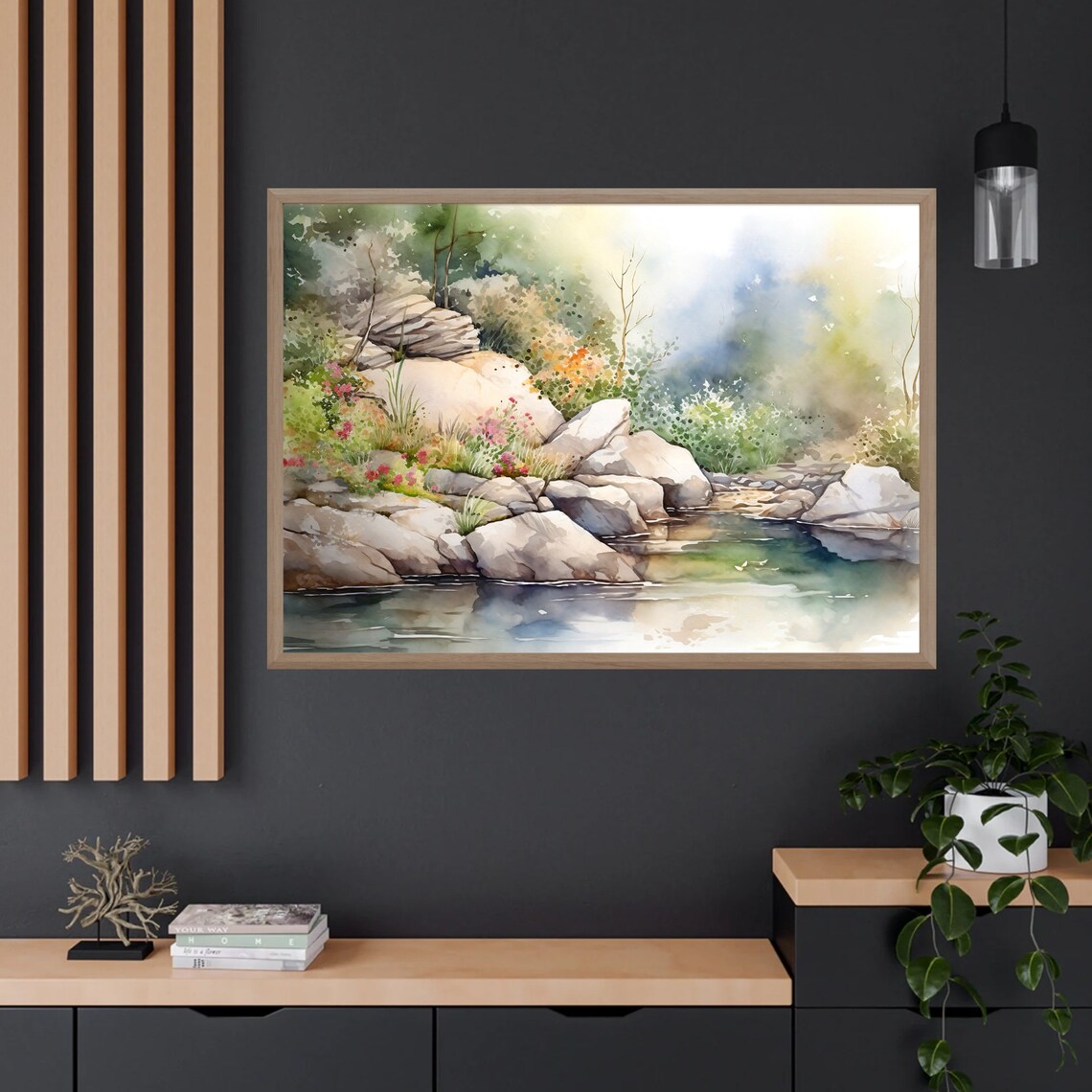 Rocky Forest Pond with Pink Wildflowers Watercolor Painting Poster - Image 4