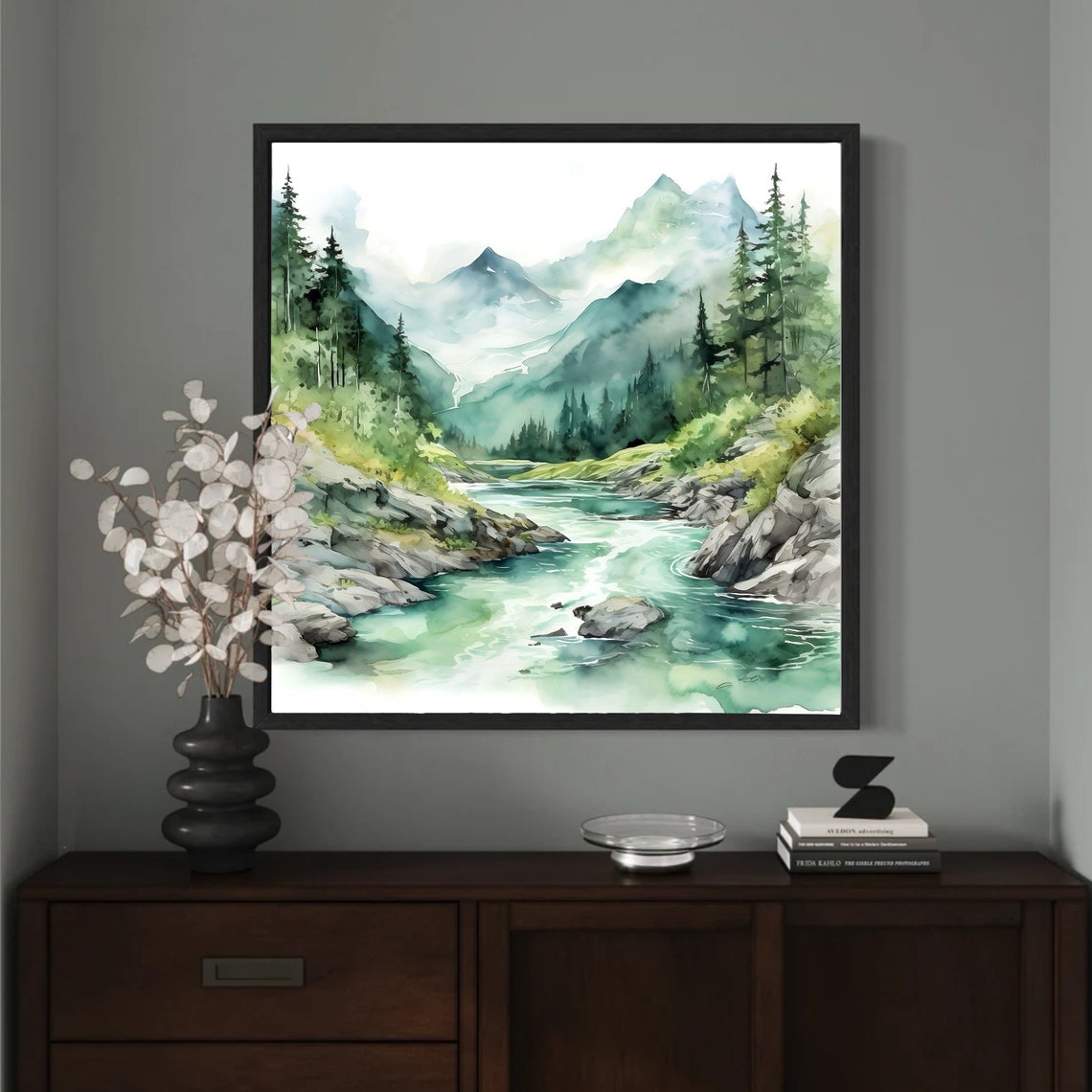 Turquoise Mountain River Watercolor with Forest and Peaks Poster - Image 2