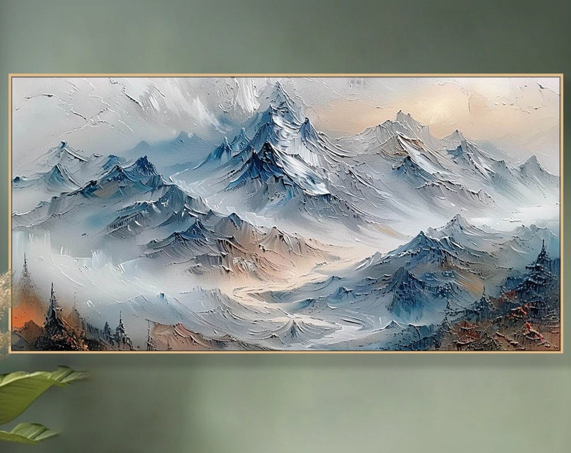 Misty Blue Mountain Peaks Textured Minimalist Landscape Art Poster
