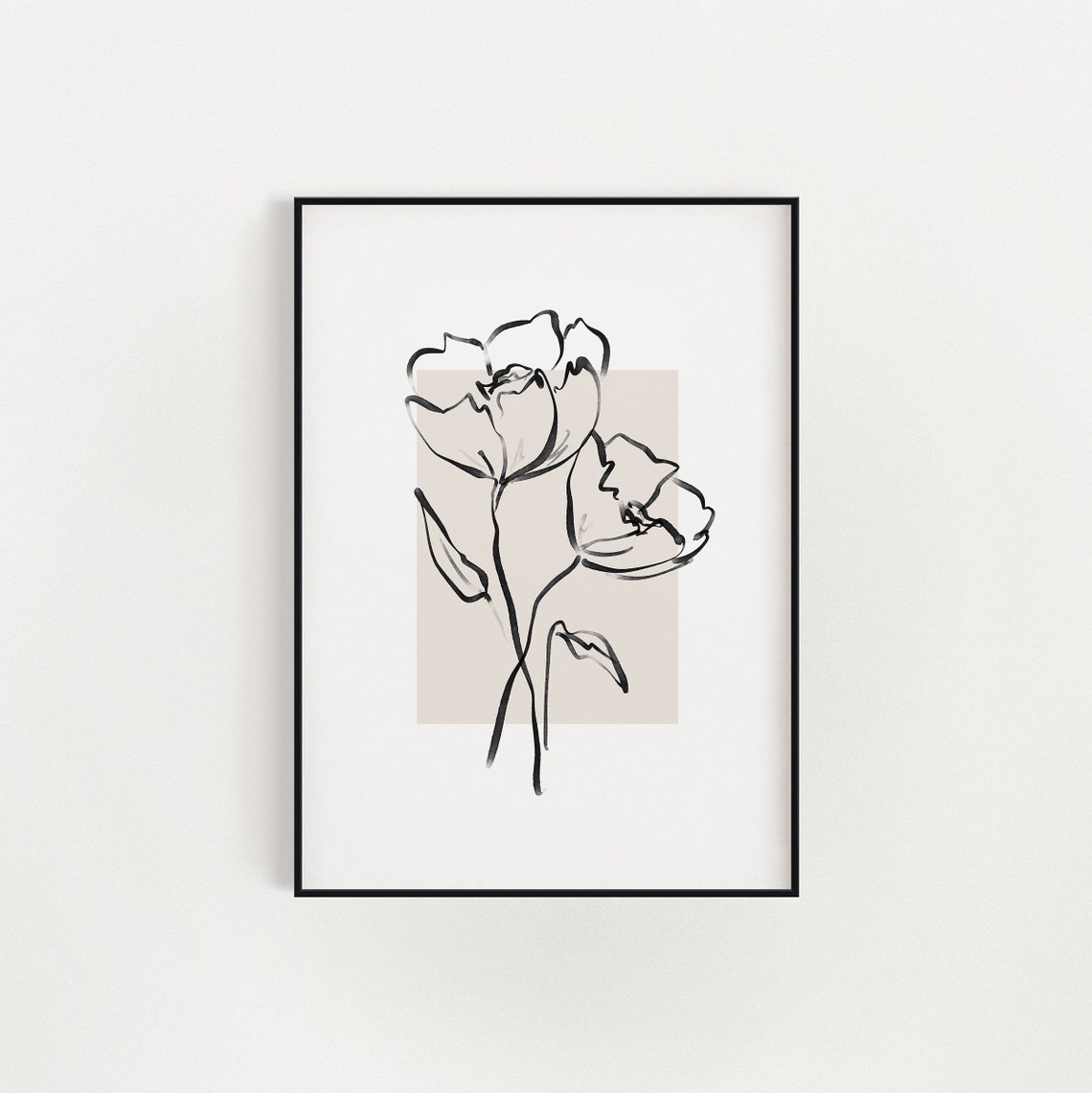 Boho Blooming Flower Line Drawing Beige Botanical Art Poster