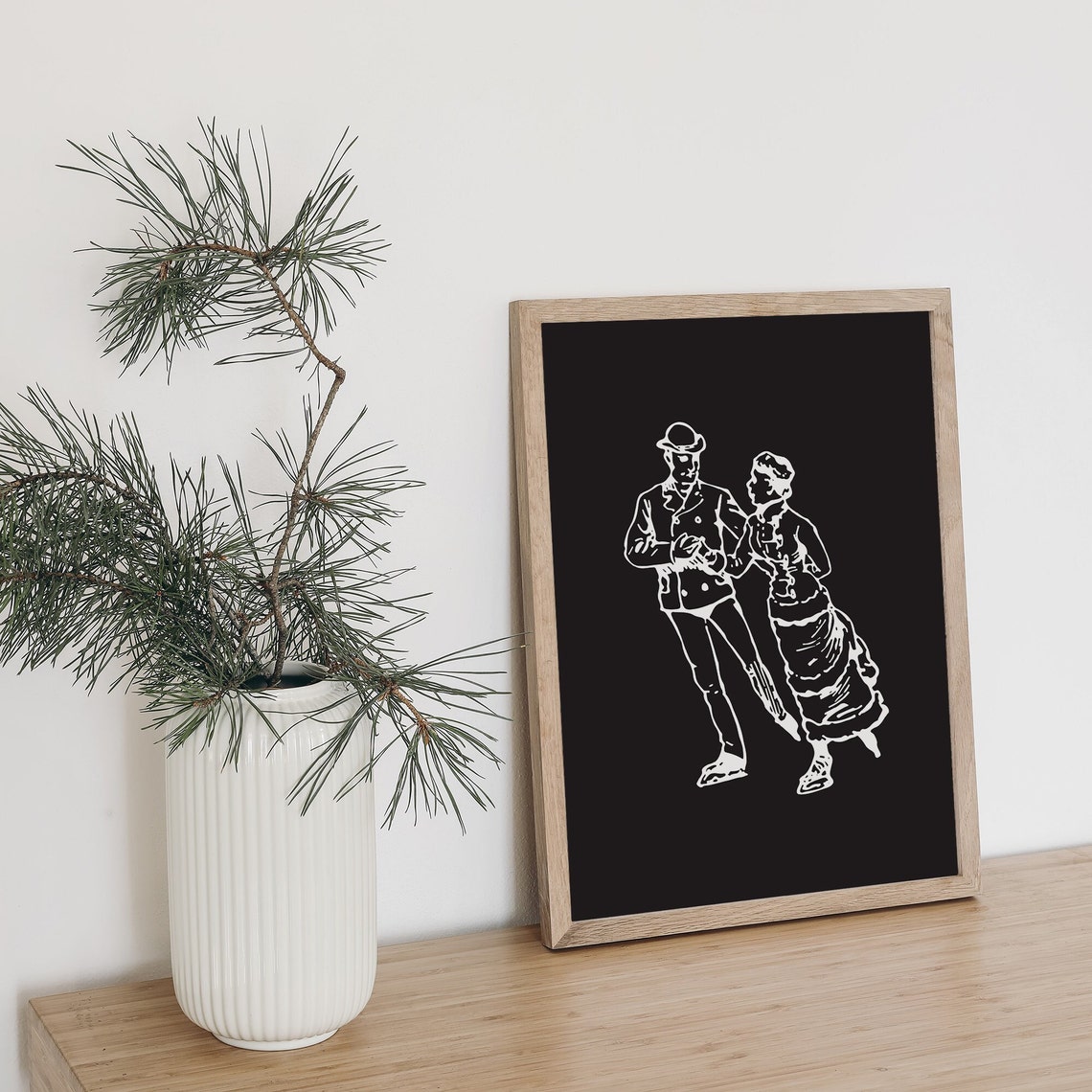 Retro Couple Ice Skating Line Art Black Christmas Holiday Poster - Image 3