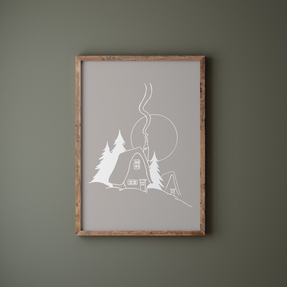 Snowy Cabin Minimalist White Line Winter Christmas Scene Poster - Image 2