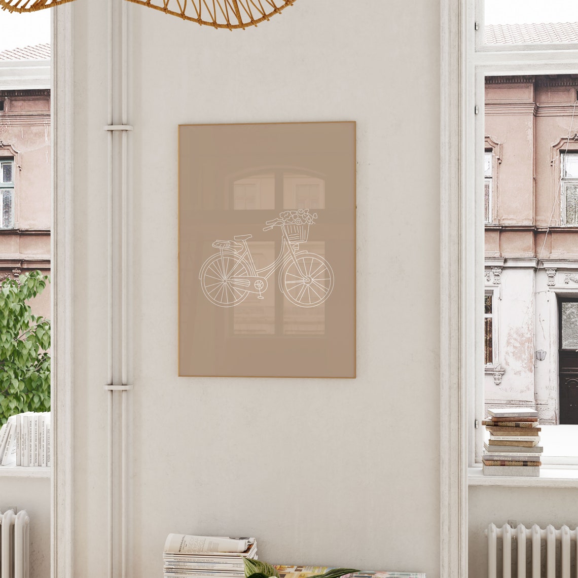 Bicycle With Flower Basket White Line Art Taupe Minimalist Poster - Image 2