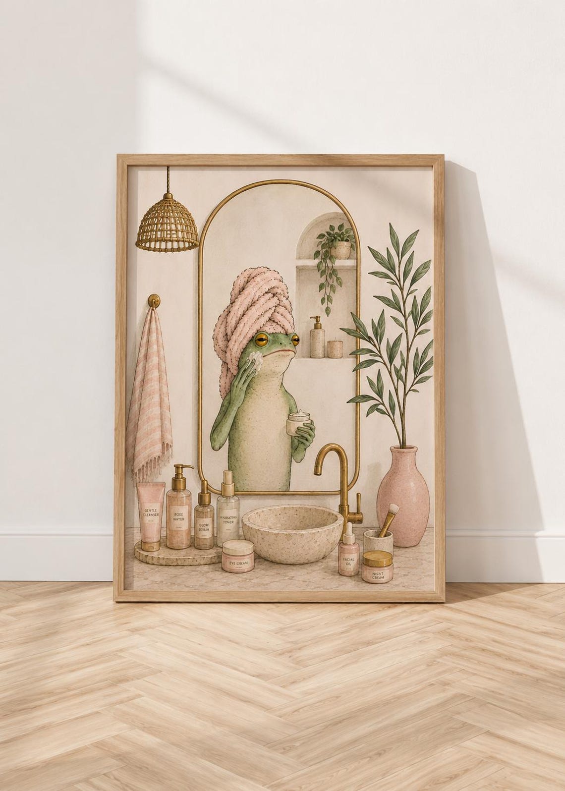 Frog Doing Skincare Routine In Pink Bathroom Mirror Cute Funny Poster