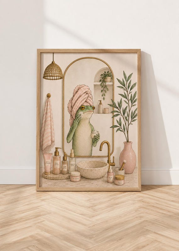Spa Frog Print Whimsical Skincare Poster Self Care Decor Pink Bathroom Printable Animal Illustration