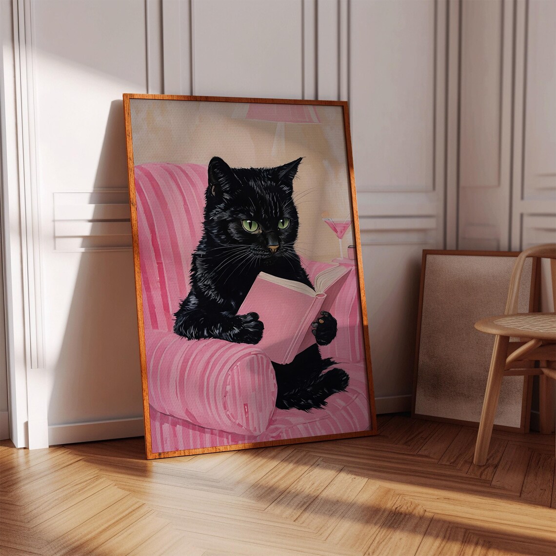 Black Cat Reading Book in Pink Armchair Cute Cat Lover Art Print