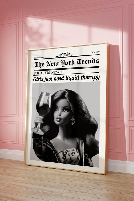 Trendy Newspaper Print Girls Just Need Liquid Therapy Retro Doll Digital Download