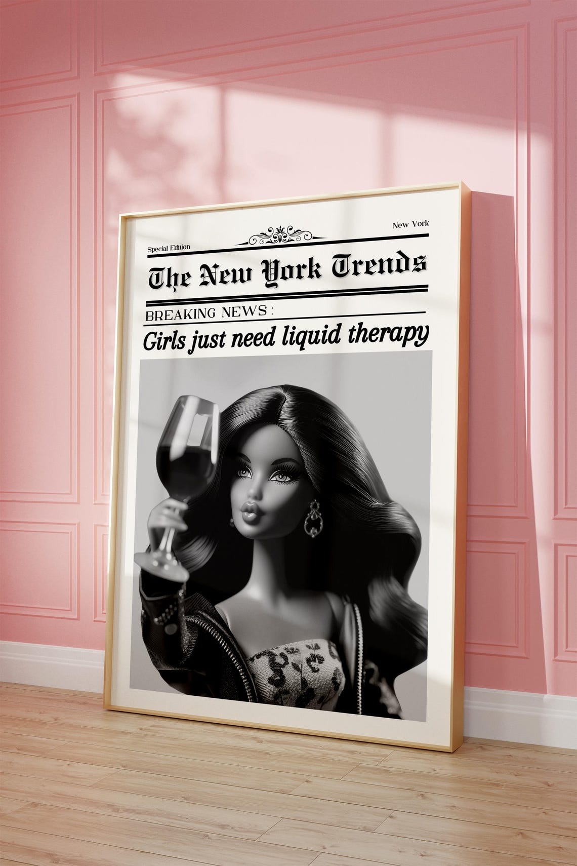 Girls Just Need Liquid Therapy Wine Doll Newspaper Style Poster