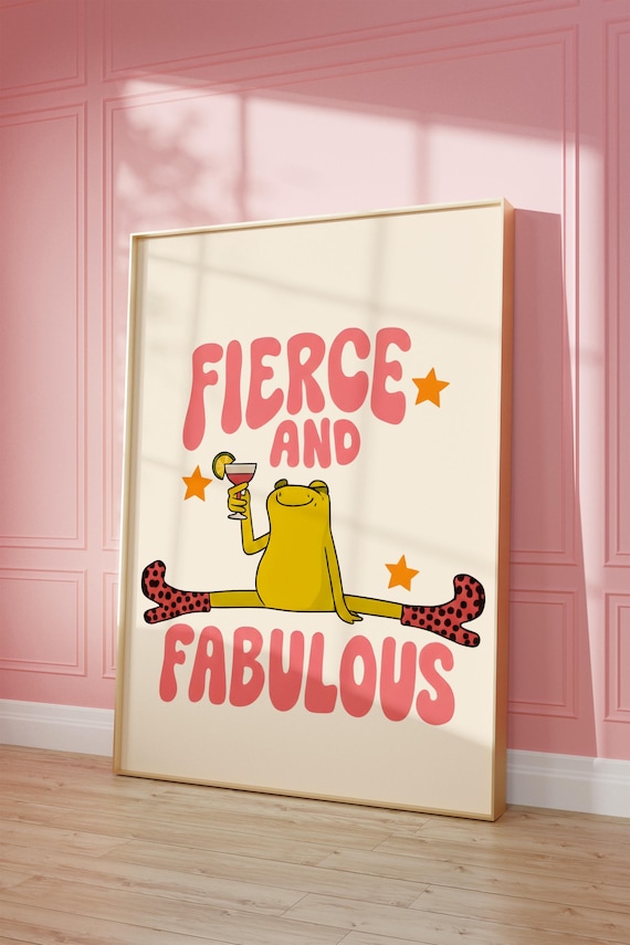 Fierce and Fabulous Frog Retro Poster Trendy Pink Room Decor Cocktail Frog Artwork