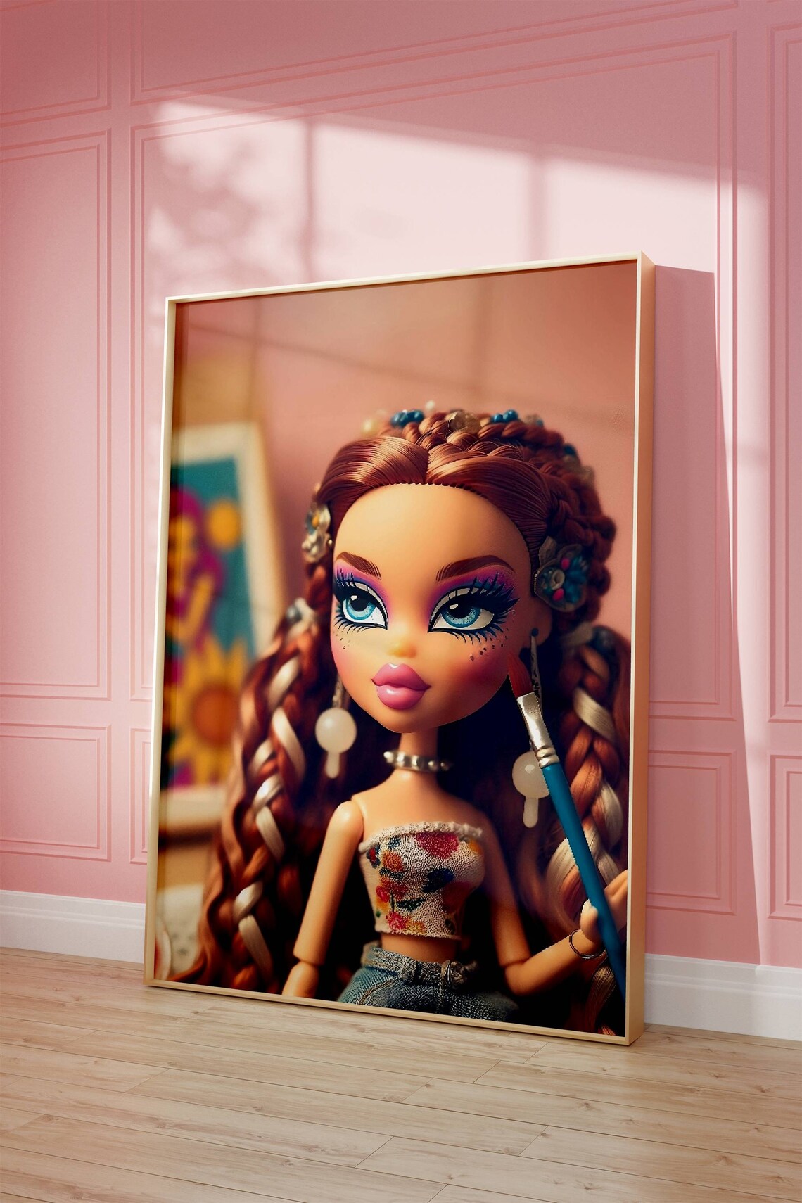 Fashion Doll Artist With Paintbrush Red Braids Floral Top Art Poster
