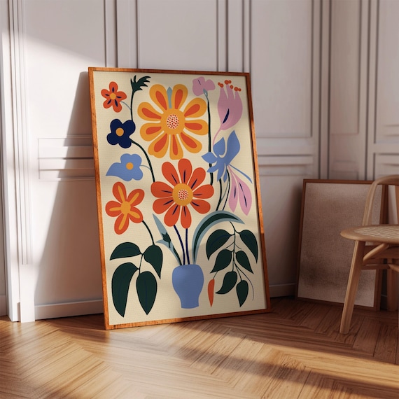 Abstract Retro Floral Bouquet Bold Orange Blue Blooms Art Print