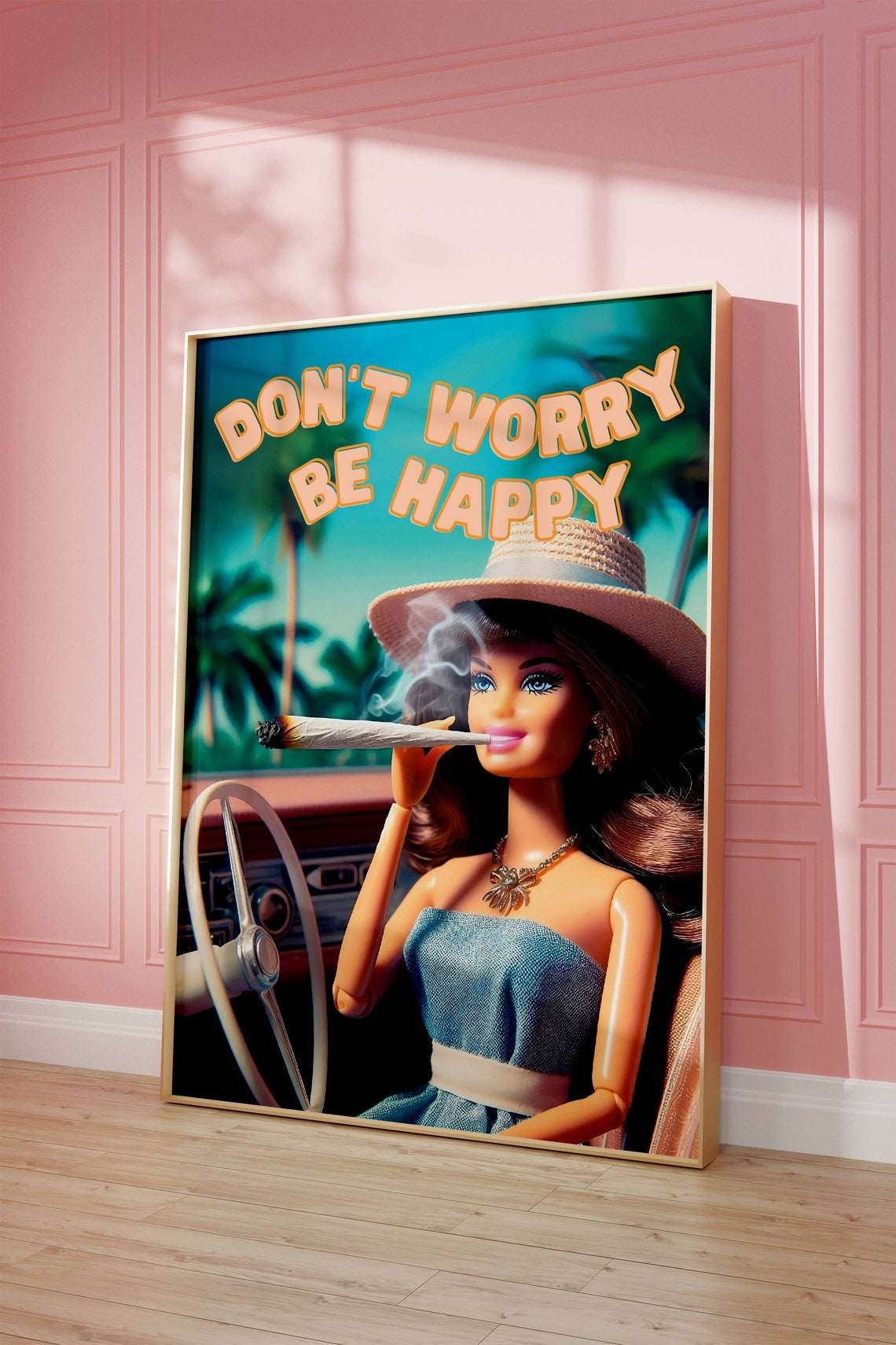 Don't Worry Be Happy Retro Doll Palm Beach Drive Party Poster