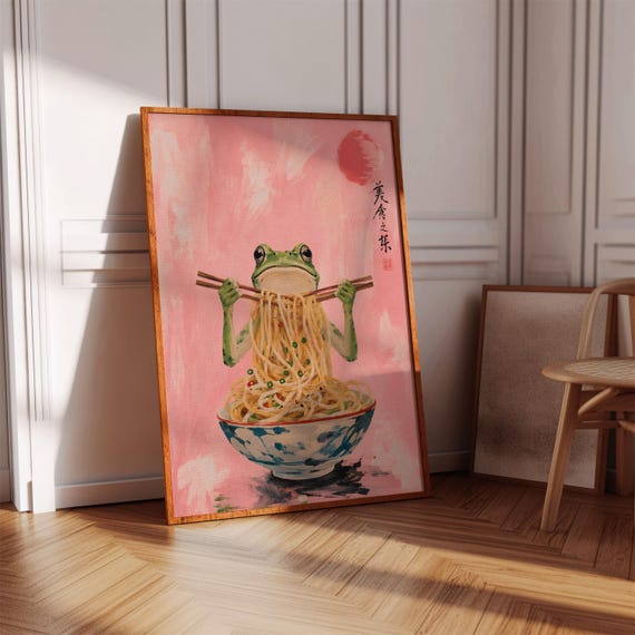 Frog Eating Ramen Noodles Poster Japanese Style Pink Kitchen Decor Wall Art Print