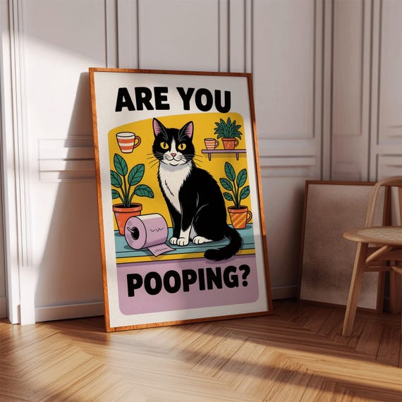 Are You Pooping Print Funny Cat Toilet Wall Art Instant Download