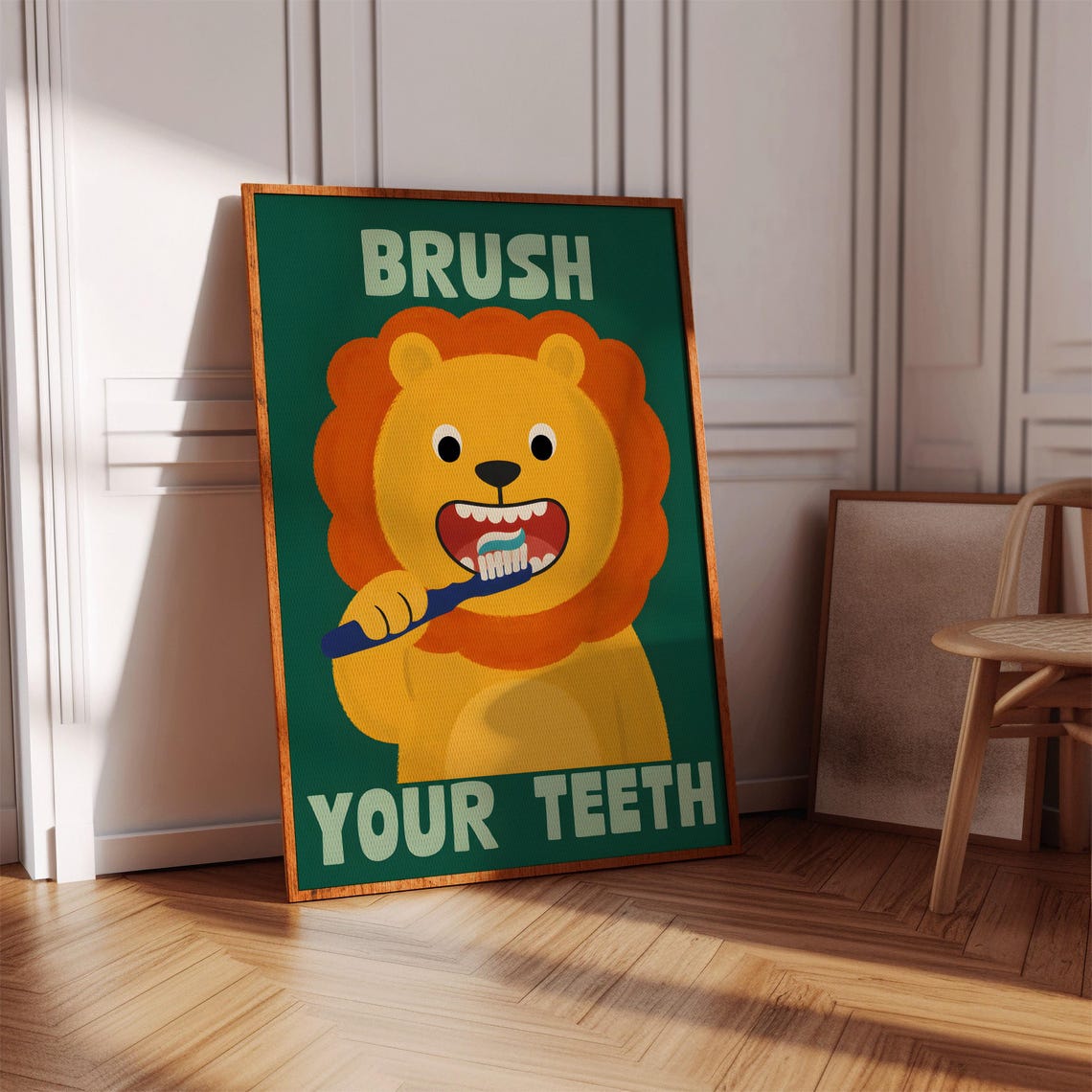 Lion Brushing Teeth Print Kids Bathroom Wall Art Digital