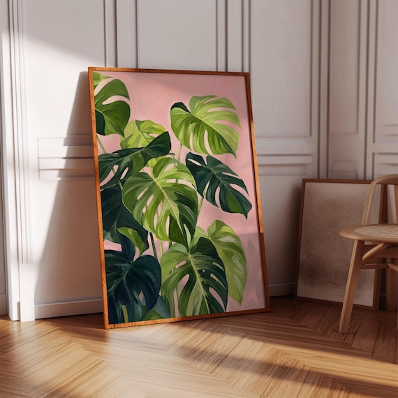 Monstera Deliciosa Leaves Pink Background Botanical Wall Art