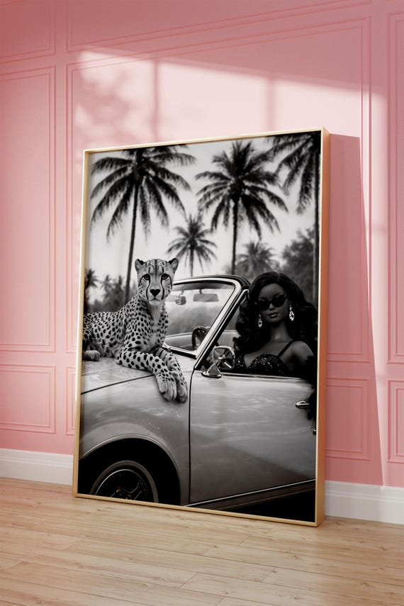 Black White Wall Art Cheetah Car Poster Fashion Woman Print Luxury Decor