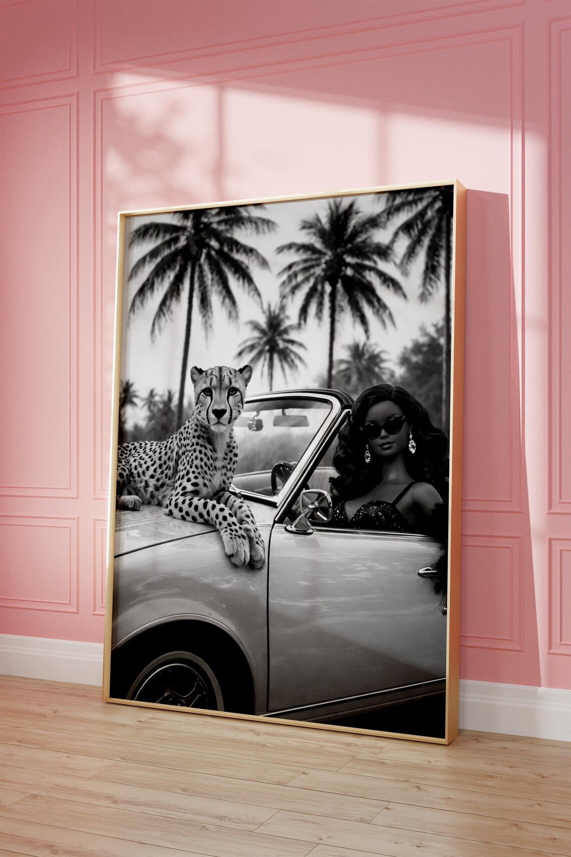 Black White Cheetah Convertible Car Woman Palm Trees Photo Poster