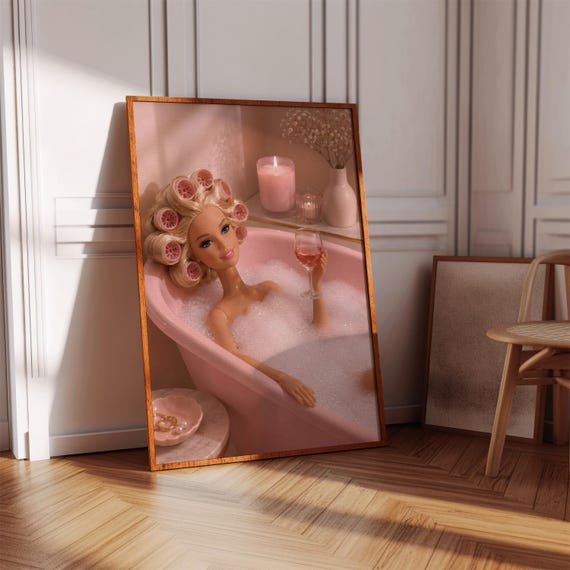 Funny Pink Doll Bath Art Print Relaxing Bubble Poster Whimsical Bathroom Wall Decor