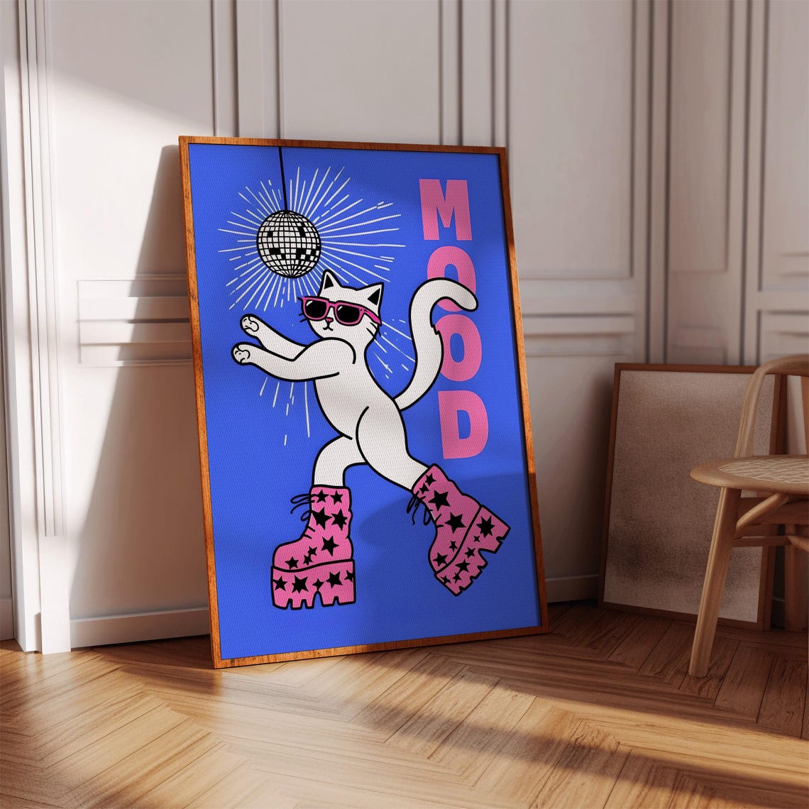 Blue Retro Cat Wall Art Dancing In The Disco Print Digital Download