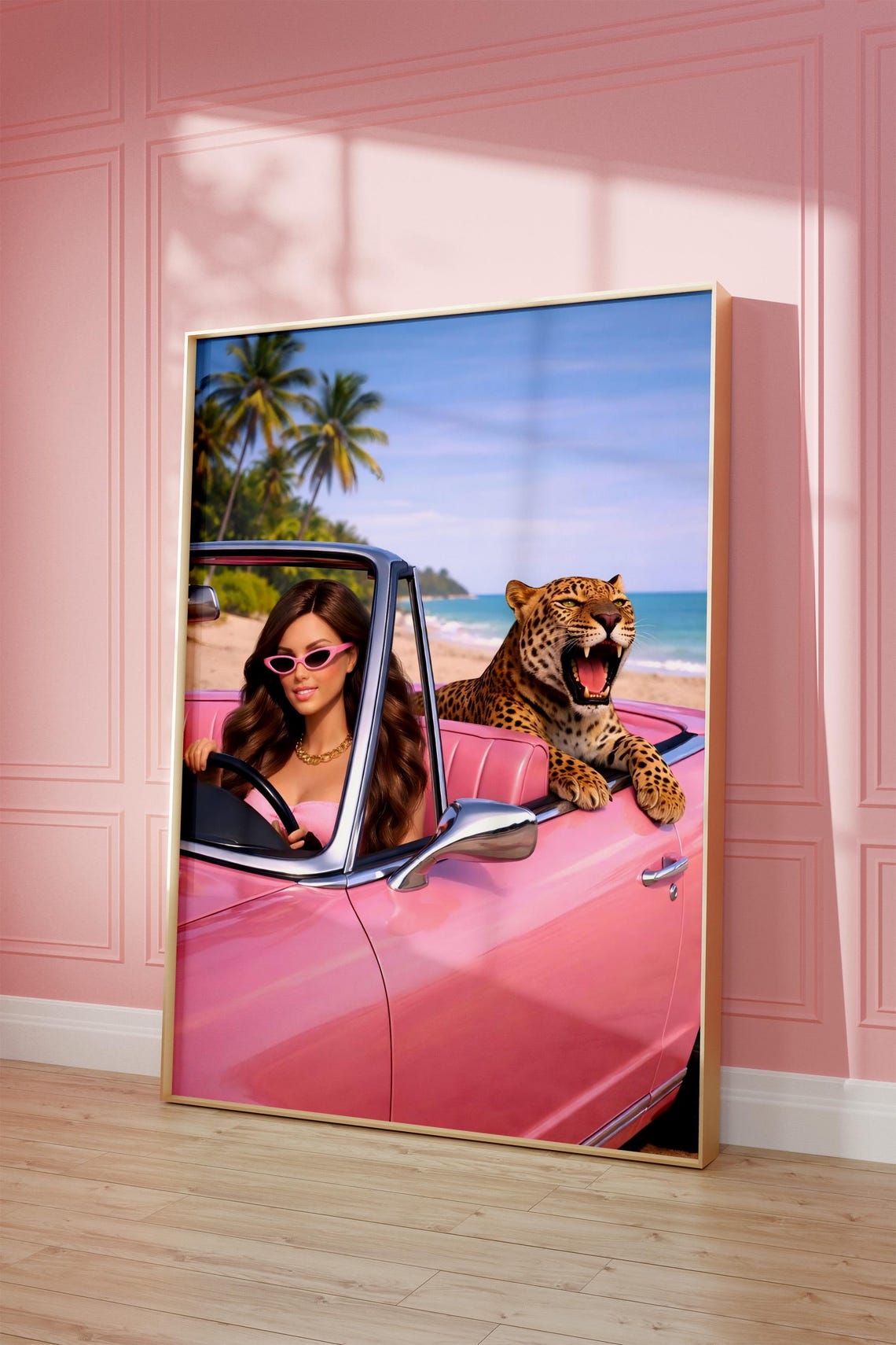 Pink Convertible Brunette Doll Leopard Beach Palm Drive Poster