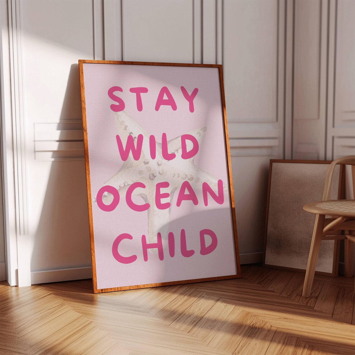 Stay Wild Ocean Child Pink Starfish Typography Girls Beach Poster