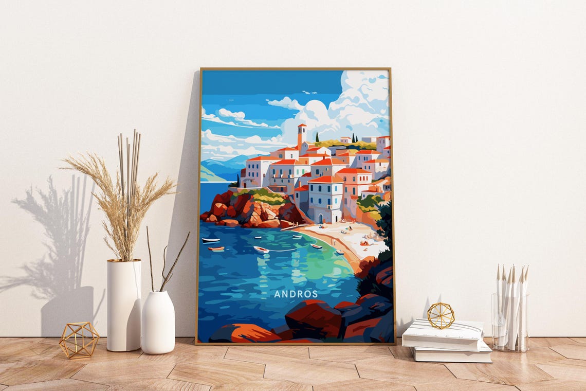 Andros Greece Aegean Sea Island Coastline Colorful Travel Poster