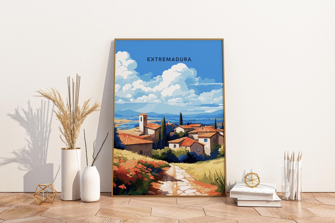 Extremadura Spain Rural Village Hills Golden Fields Travel Poster