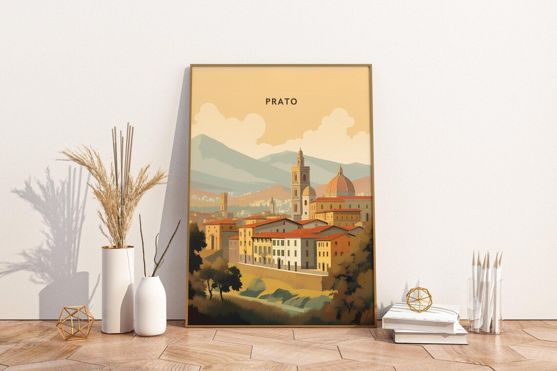 Prato Italy Cathedral Cityscape Golden Vintage Travel Poster