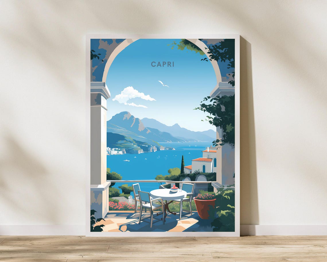 Capri Italy Terrace Arch Bay View Retro Travel Illustration Poster