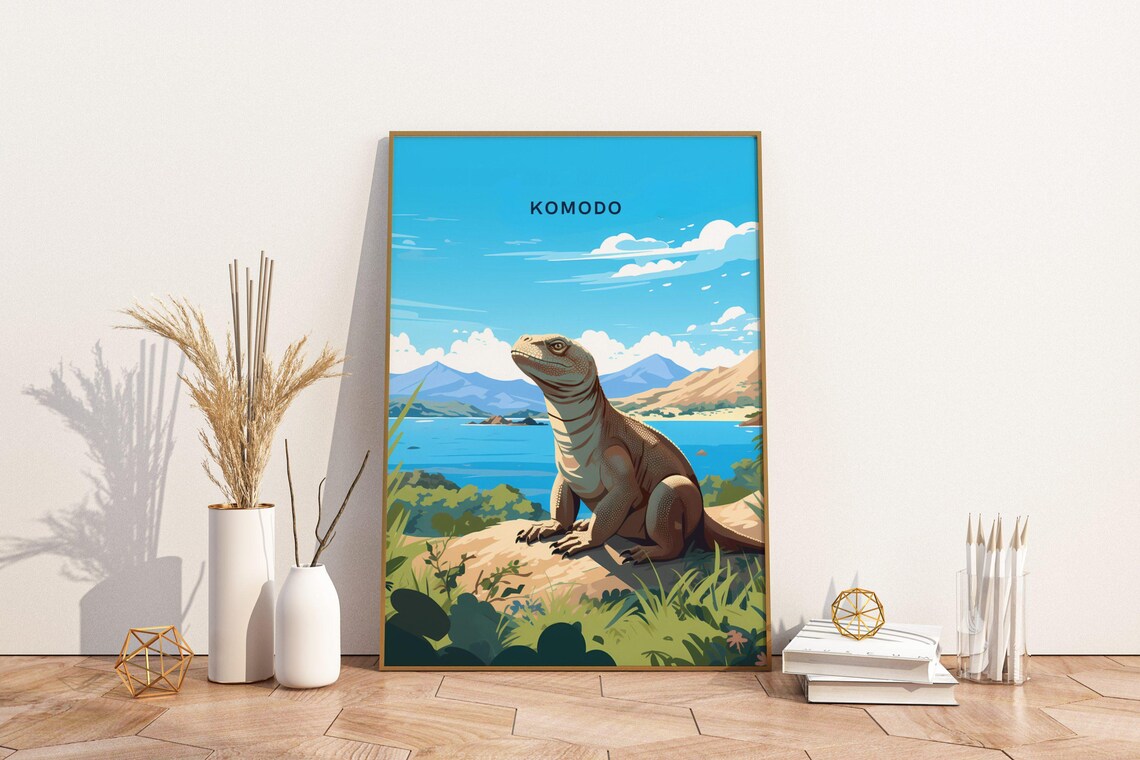 Komodo Dragon Island Indonesia Wildlife Retro Travel Art Poster
