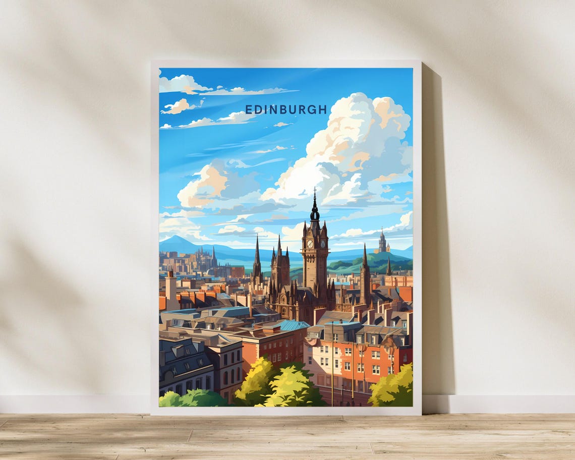 Edinburgh Scotland Skyline Clock Tower Vintage Travel Poster