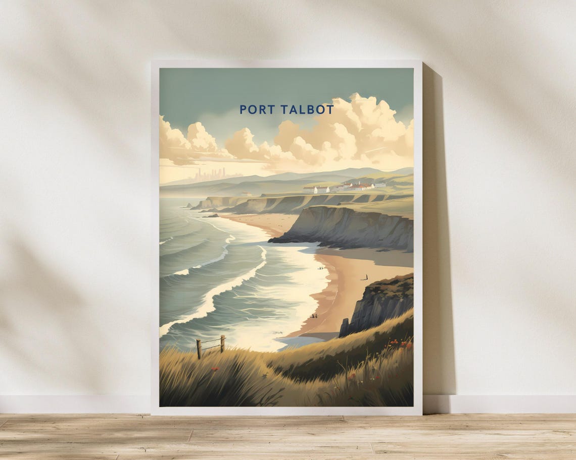 Port Talbot Wales Surf Beach Cliffs Coastal Sunset Travel Poster