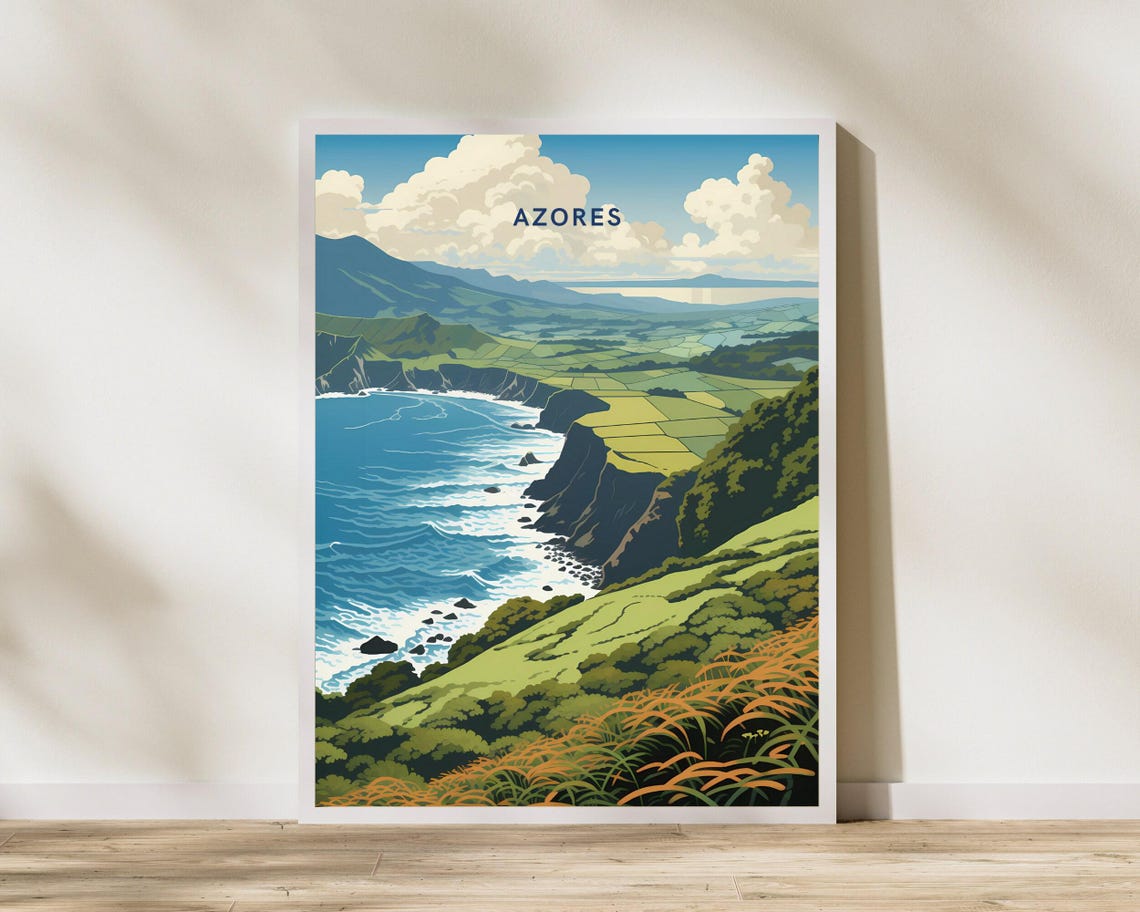 Azores Portugal Green Cliffs Ocean Coastline Illustration Poster