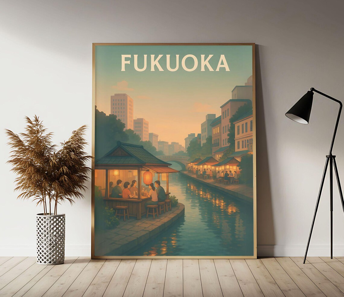 Fukuoka Japan Yatai Food Stalls River Evening Vintage Travel Poster