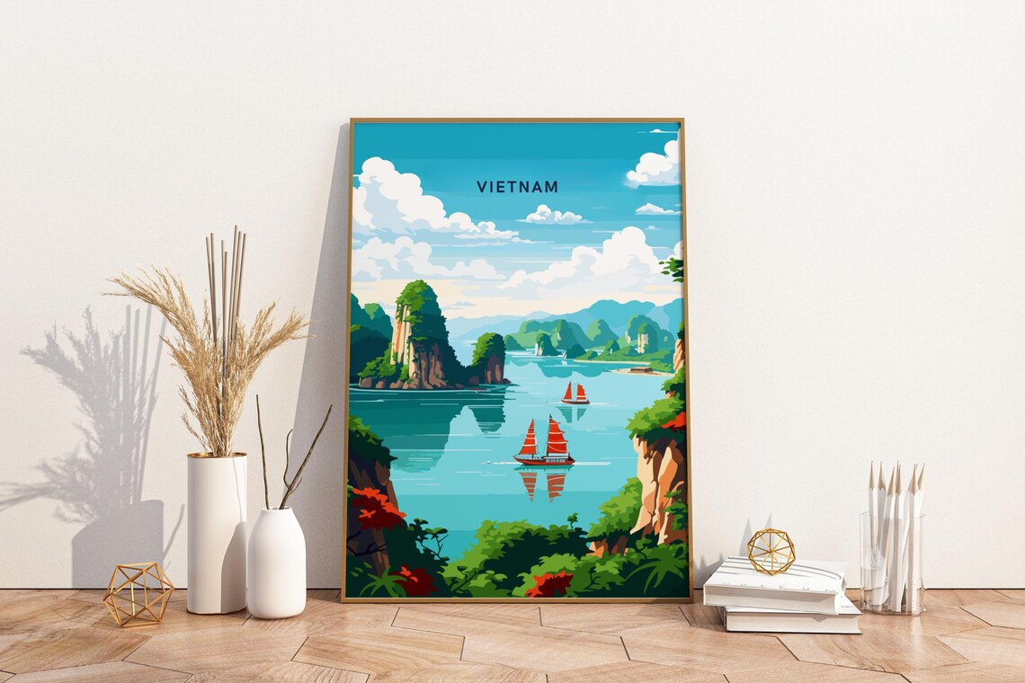 Halong Bay Vietnam Karst Islands Red Sail Boats Vintage Travel Poster