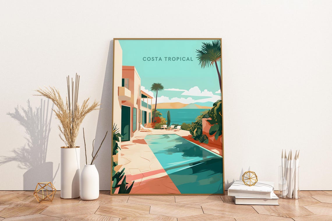 Costa Tropical Spain Poolside Villa Retro Coastal Travel Poster