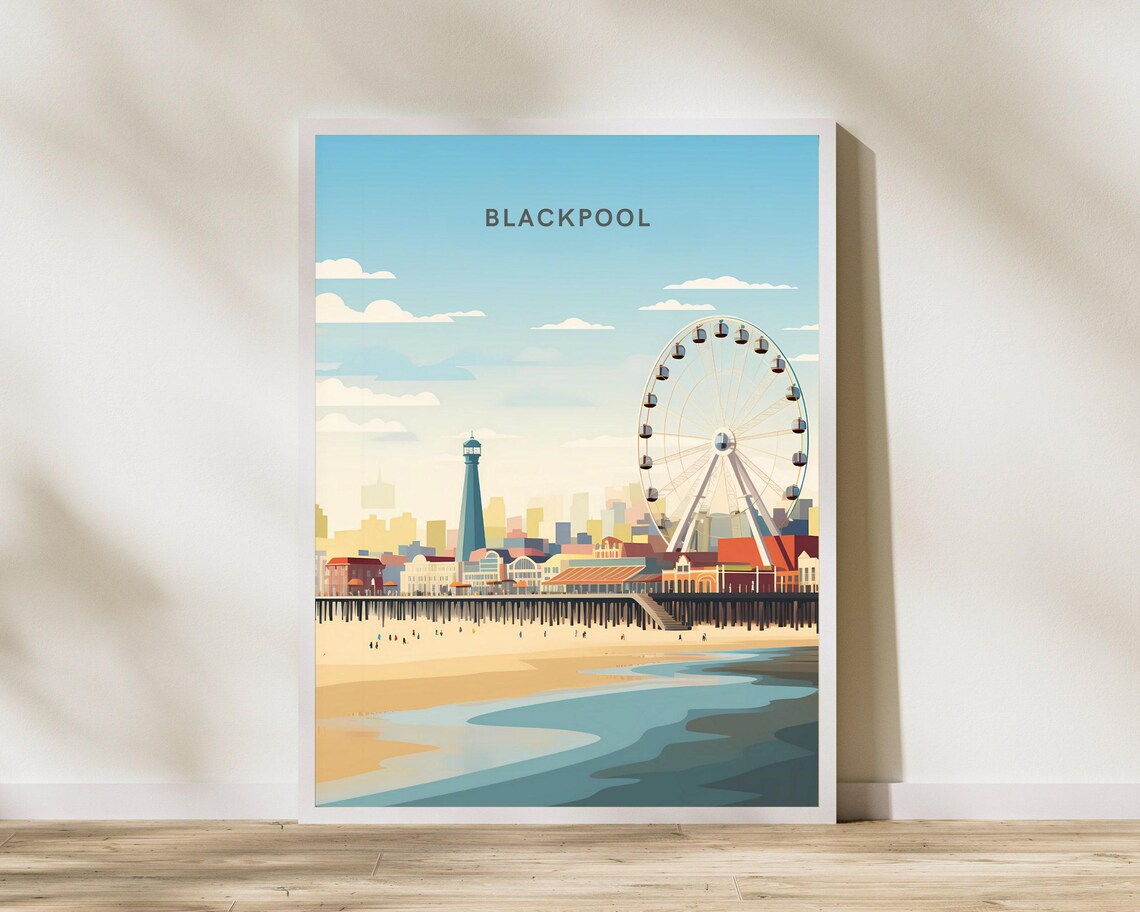 Blackpool England Pier Tower Ferris Wheel Beach Vintage Travel Poster