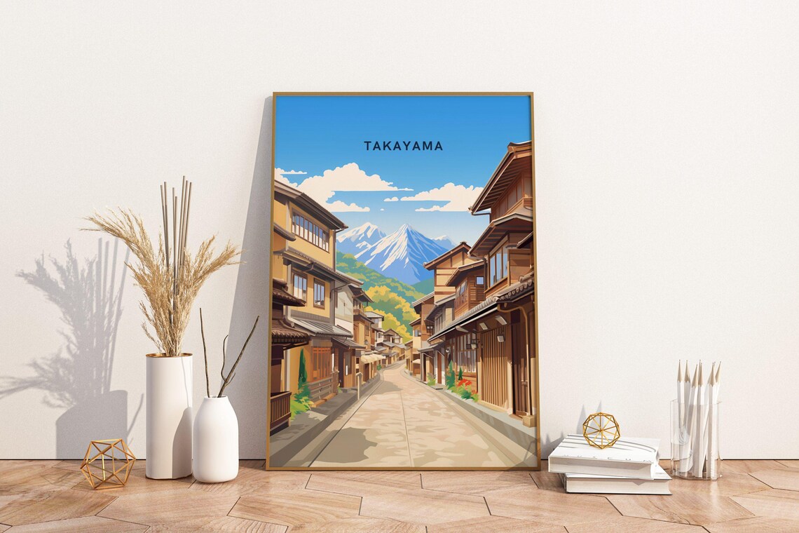 Takayama Japan Old Town Wooden Street Mountain Vintage Travel Poster